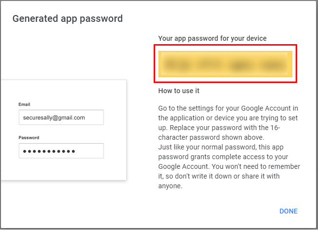 Сгенерированный пароль приложения Gmail