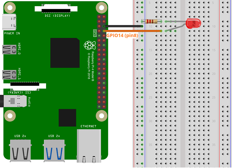 Светодиод, подключённый к GPIO14 Raspberry Pi — схема соединений