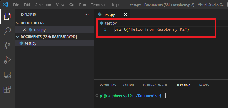 Файл Python в VS Code при удалённом подключении к Raspberry Pi