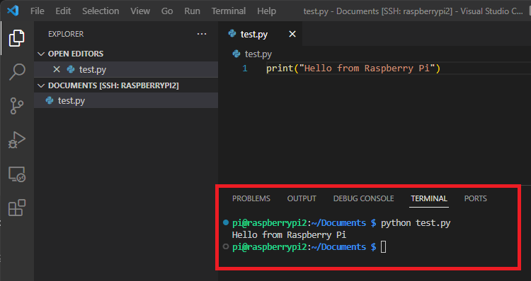 Запуск файла на Raspberry Pi из VS Code через удалённое SSH-подключение