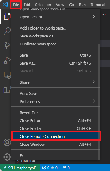 Закрытие удалённого подключения в VS Code