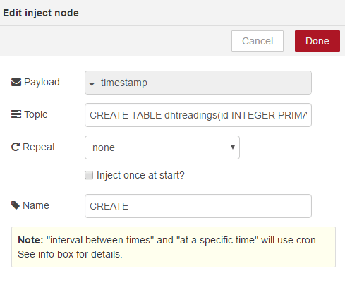 Настройка узла inject CREATE